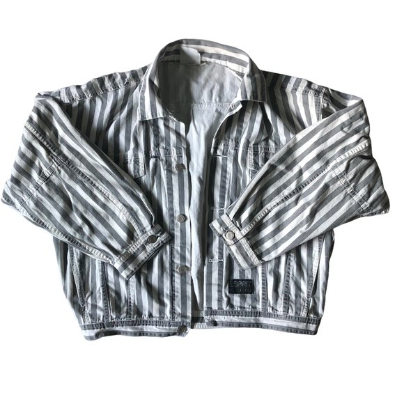Esprit Jackets & Blazers - VTG Esprit Womens SzM GrayWhite Striped Drop Shoulder Boxy Jean Jacket, 90s, 80s